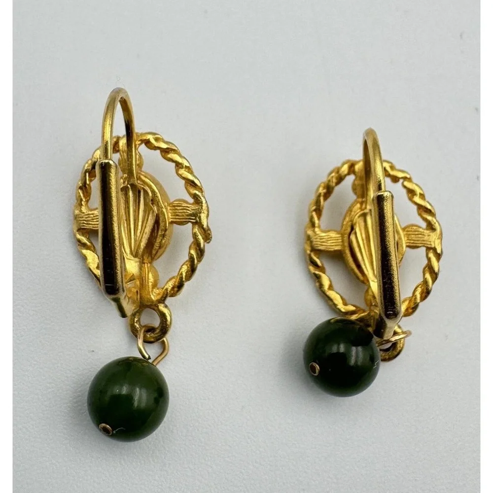 Matte Gold Tone Oval Rope Jadeite‎ Ball Dangle Leverback Earrings